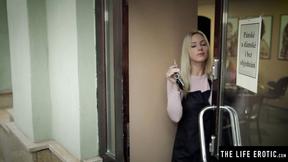 ”Slim & big titted blonde Nathaly Cherie shaves her twat before fingering”