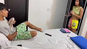 Stepbrother cums in stepsister's ass while she wanks him with her panties