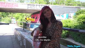 Redhead lady gives him an outdoor blowjob for money