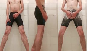 Speedo boy gets soaking wet then drips thick cum all over lycra in dirty bathroom