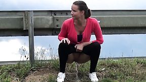 Charming brunette teen in leggings caught pissing near the rod