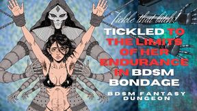 Sexy hairy armpit fit animated dark haired skinny tattooed slave woman strung up in BDSM bondage and tickled to the ends of her endurance