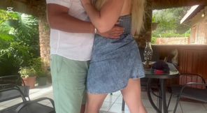 Fucking My Bofriends Best Friend on the Patio Outdoor Public Sex Leads to Creampie