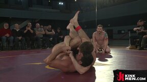 Muscular wrestlers can't handle each other during the round