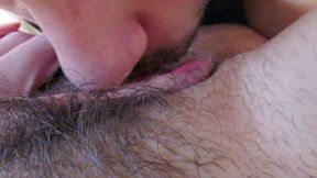 Licking and sucking my big clit hairy pussy until I cum into his mouth