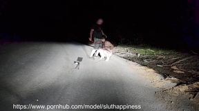 Totally naked slut on public road obedient whore humiliated