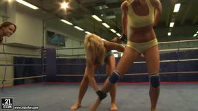 Andy Brown, Carla Cox and Nikky Thorne fighting at the ring for big neighbor's dick