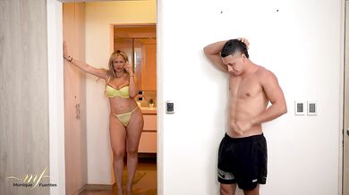 Stepson stretches his stepmom's tight latina cunt raw while big dick teases the blonde cuckold