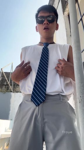 Pretty Asian Boy Masturbates with his Necktie