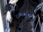Shiny Rubber Doll Teasing in Latex Catsuit and Barbie Mask