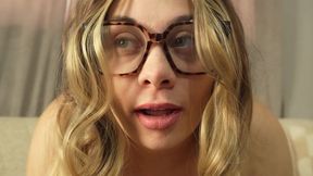 Blonde glasses Stepsister farts because her belly hurts so she farts then makes a camel toe pussy with her panties and masturbates then plays with her big tits