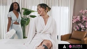 Curly ebony and thick milf she gave massage to, ended up having a passionate lesbian sex