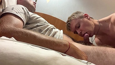 Suck each other with step daddy and cum in mouth