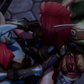 Elf double teamed by an Ork and a Wartroll - Warcraft Parody