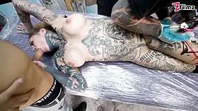 Glorious tattoo beauty with Big Tits enjoys anal pound while getting a tattoo - a2m& gape