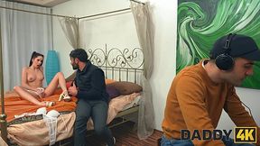 Hot skinny girl with big tits fucks her friend with big cock while her husband is playing videogames