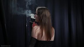 Sultry Brunette Smoking in Fishnets - Teasing Thong Reveal