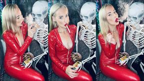 Your Goddess Chain smokes marlboro 100 in catsuit