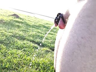 Desperately peeing in chastity cage by lake