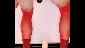 sissy nurse in chastity cage bounces on cock