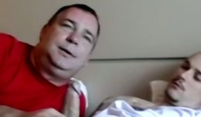 Fat mature homosexual receives cum in mouth after 3way BJ