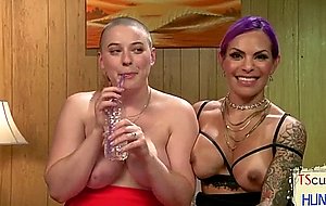 Sexy tgirl dominates skinhead babes pussy