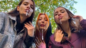 you are stopped by unknown girls to be humiliated - pov triple spitting femdom on public