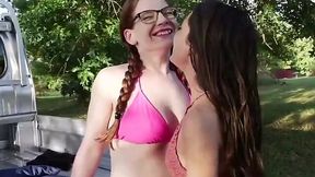 Buxom nerd and her bestie have lesbian fuck outdoors - Amateur Porn