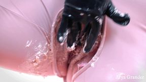 Pussy cake splosh food fetish, wet and messy, pvc catsuit