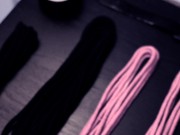 Slave tied to bed and made to cum in femdom handjob