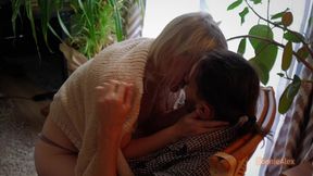 Intimate touch &mdash;  passionate love &mdash;  and sensual sex on a soft chair