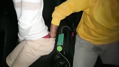 cruising uber fucks a college student bareback in the car in public and cums inside his ass outdoor