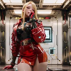 Red Leather Jacket Glistening Under Neon Rain, Kneeling Pose That Breaks the Armor