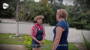 Grandma seduces gardener into strap-on anal play outdoors.