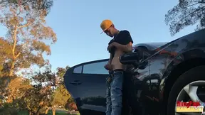 Huge uncut cock strokes big cumshot in public
