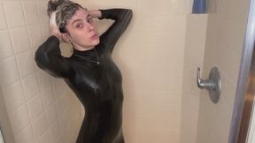 Ziva Fey in soapy showering in spandex catsuit!
