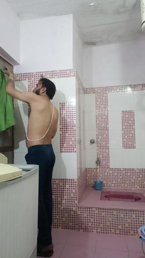 Hairy Indian Desi Man show penis in bathroom with live show friends