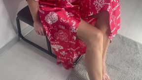 Beautiful Legs Are Peeing Into a Salad Bowl