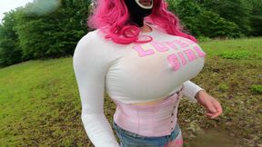 Gaint Fake Tits Jon Scarecrow having a walk in the woods in daisy dukes and a tight top while masturbating