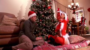 Cum starved brunette whore wearing a Christmas outfit gets titty fucked and cum in mouth.