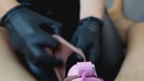 Phantom dick and tiny pink Chastity Cage for cuck leads to ruined orgasm