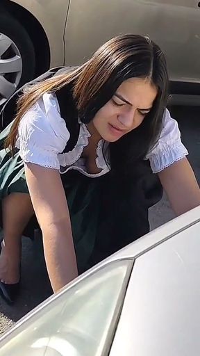 Dirndl Slut Gets Dirty and Oily Changing Tires