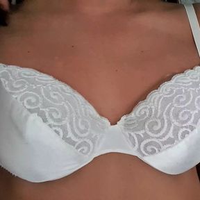 Caresing my boobs in white satin 34B bra