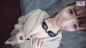 Pale busty Asian doll enjoys throating her date's cock