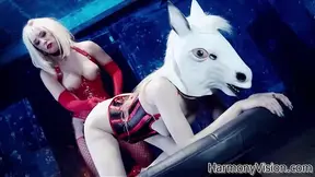 Costume-clad cowgirl deep throats oversized cock in 3some
