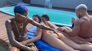 Latina stepmom and her teen stepdaughter's poolside threesome