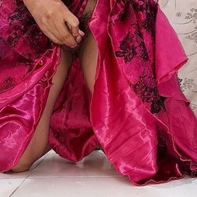 Pleasure with beautiful satin party dress (with cum)