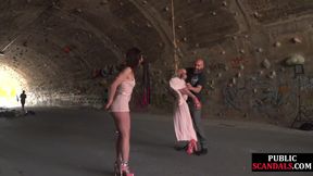 Public slut in bondage fucked outdoor at public place