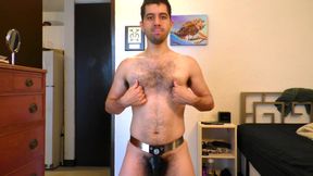 Horny -- cock-locked slave sniffs pits and struggles in chastity