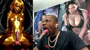 cowgirl fucking a gold transgender girl while she cums all over herself, ai generated